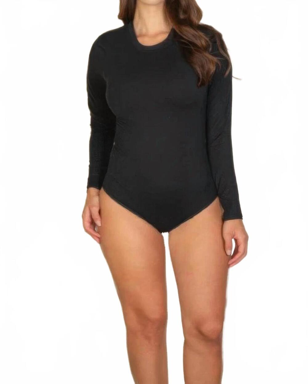 NEW CAPELLA solid long sleeve round neck bodysuit - plus in black
